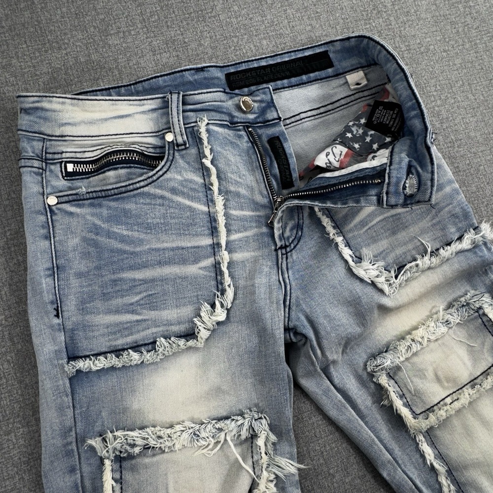 Rockstar TYRELL Mens SZ 32X35‎  RSM205 Flare Denim Blue Distressed Raw Hem